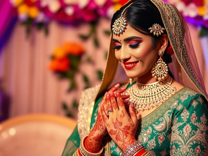 Indian bride in a festive green and mirror-work mehndi outfit with henna at a colourful mehndi celebration