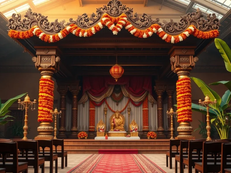 A traditional South Indian kalyana mandapam wedding setup in Mysore with jasmine garlands