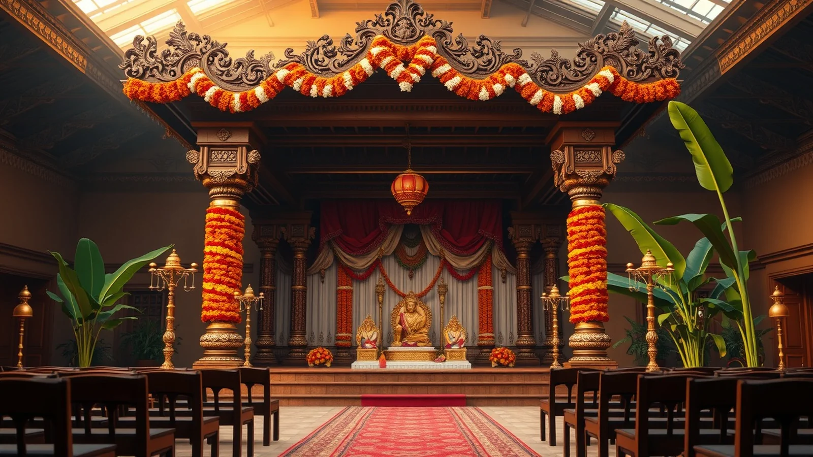 A traditional South Indian kalyana mandapam wedding setup in Mysore with jasmine garlands