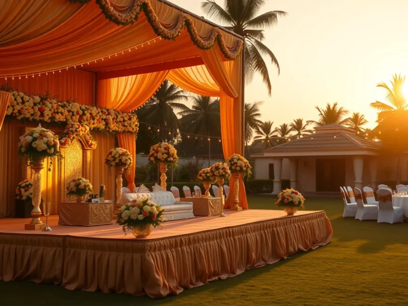 Elegant Indian wedding reception on a hotel lawn in Nagpur with gold and cream floral stage decor
