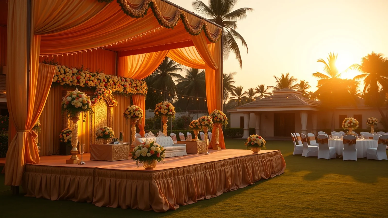 Elegant Indian wedding reception on a hotel lawn in Nagpur with gold and cream floral stage decor