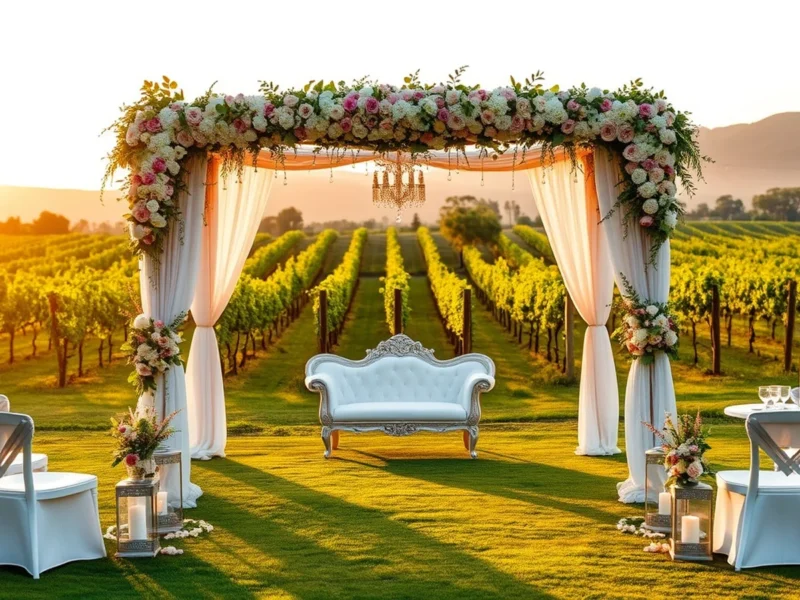 Stylish vineyard wedding mandap on a green Nashik vineyard lawn with grapevines and hills behind it