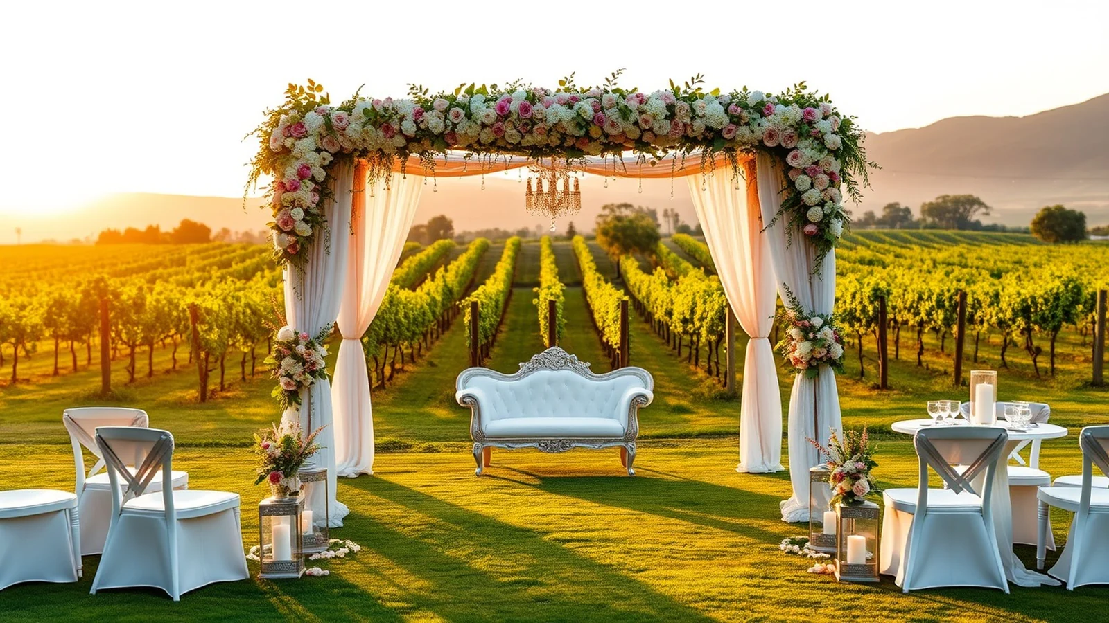 Stylish vineyard wedding mandap on a green Nashik vineyard lawn with grapevines and hills behind it