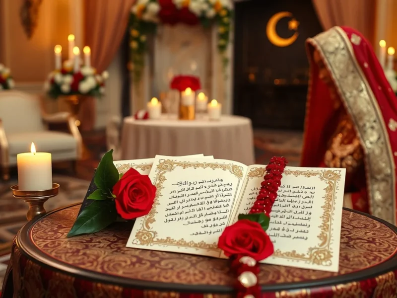 An Indian Muslim Nikah ceremony setting with an ornate nikahnama, rose garland and candlelit hall