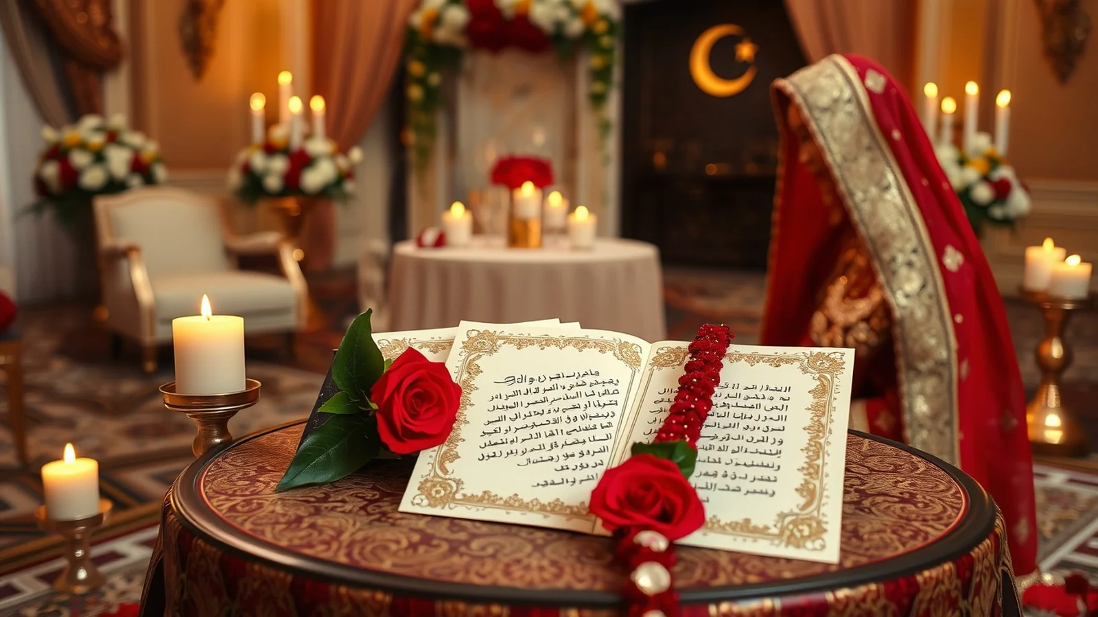 An Indian Muslim Nikah ceremony setting with an ornate nikahnama, rose garland and candlelit hall
