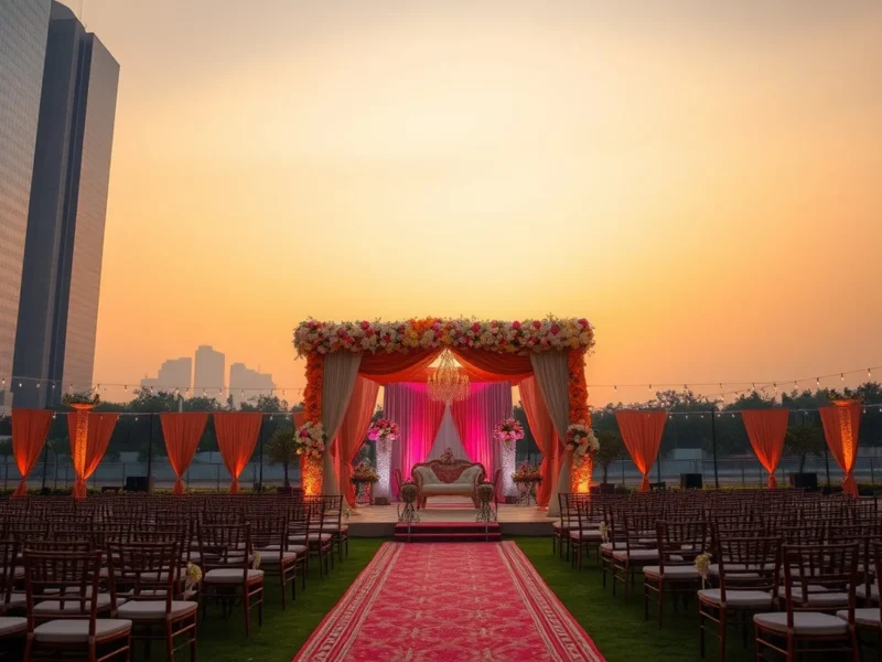 A grand Indian wedding mandap on a Noida banquet lawn with a modern skyline at golden hour