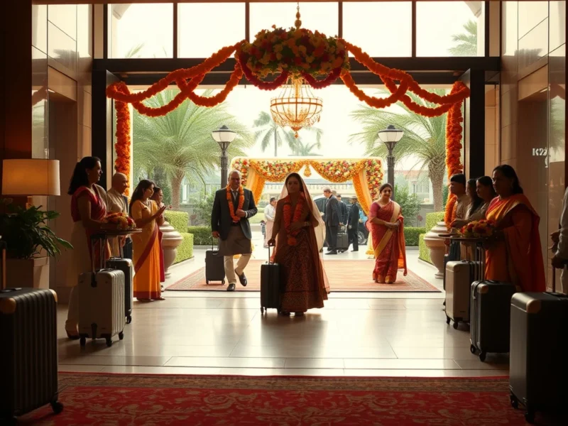 Arriving wedding guests welcomed with marigold garlands at a luxury Indian hotel entrance