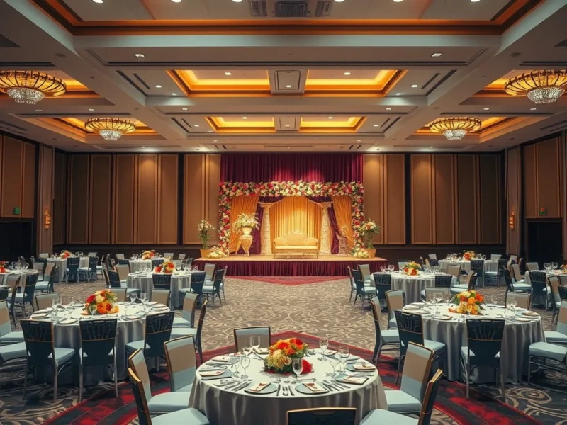 An elegant uncrowded Indian wedding banquet hall decorated and ready during the off season