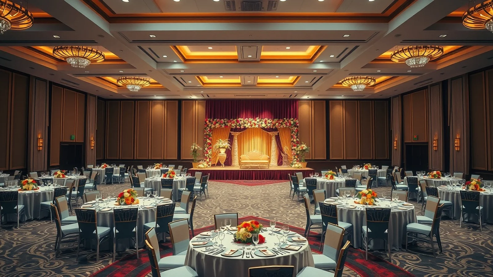 An elegant uncrowded Indian wedding banquet hall decorated and ready during the off season