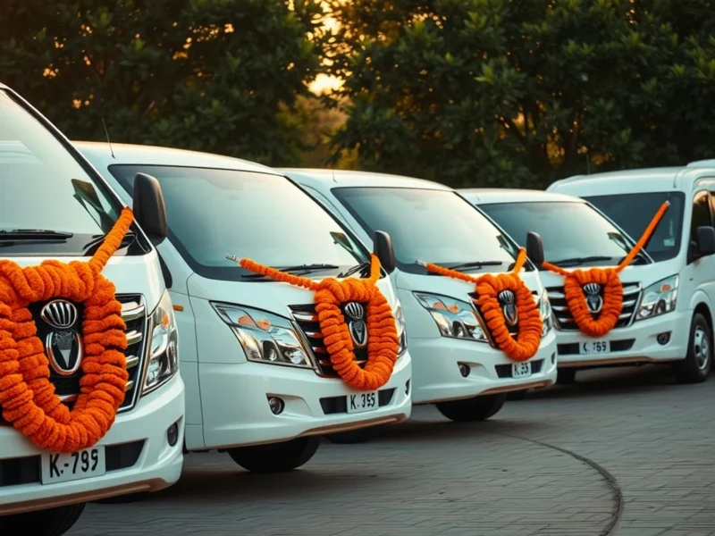 Shuttle coaches decorated with marigold garlands lined up outside an Indian hotel entrance
