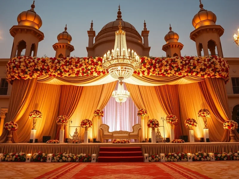 A lavish royal Punjabi wedding stage at a heritage palace-ground venue in Patiala at golden hour