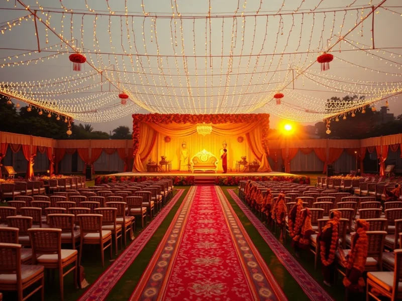A large festive North Indian wedding stage at a Patna banquet lawn at golden hour
