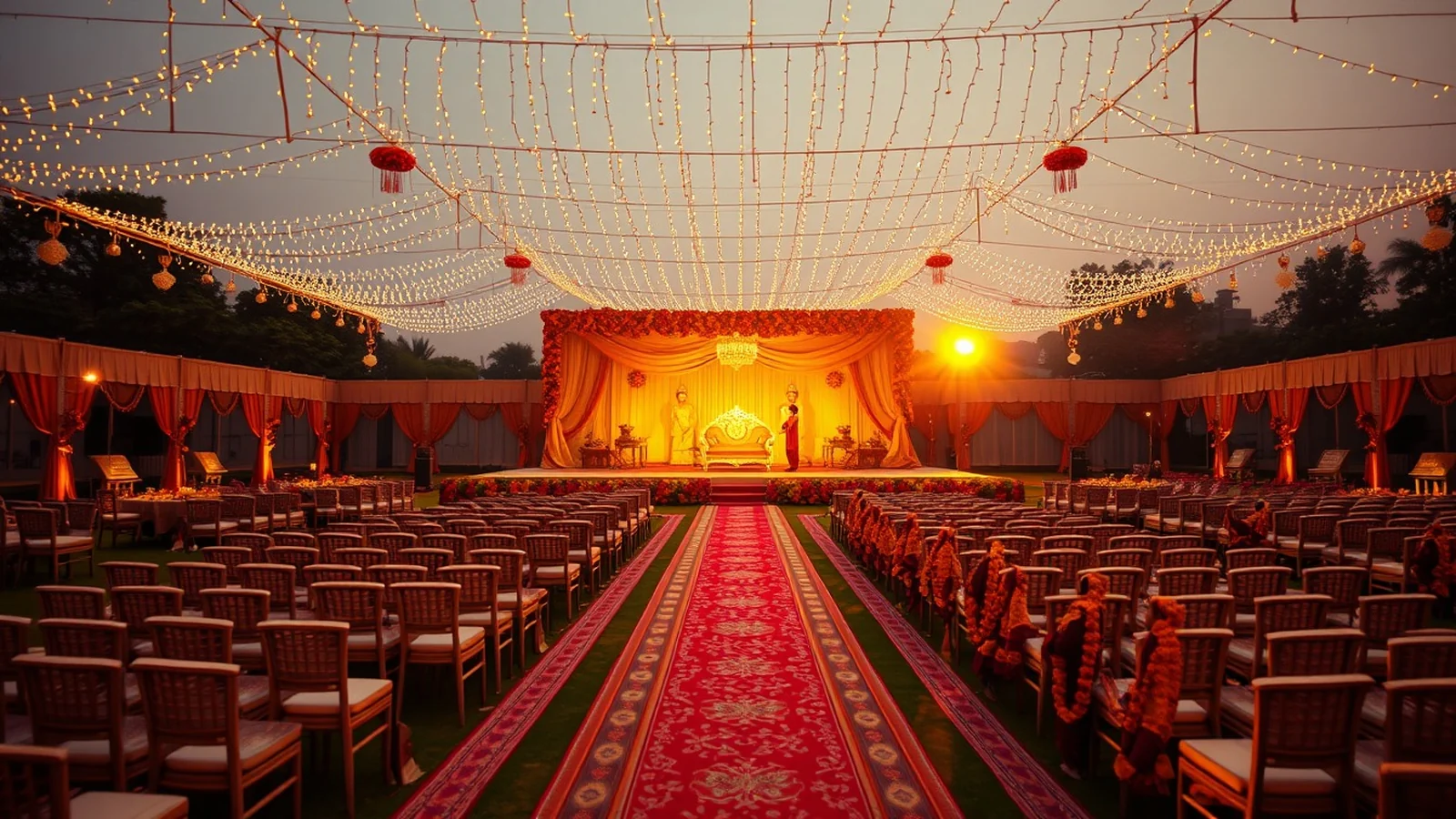 A large festive North Indian wedding stage at a Patna banquet lawn at golden hour
