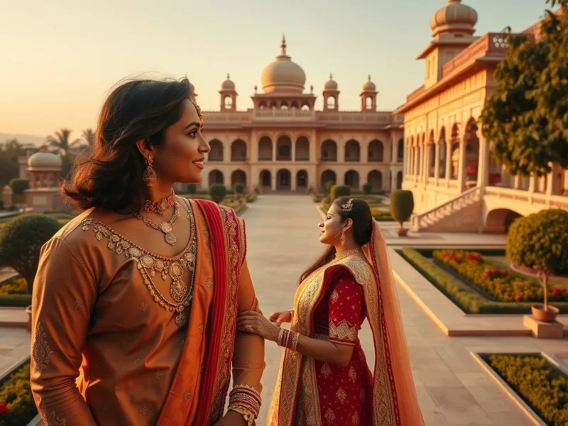 Cinematic Indian pre-wedding photoshoot scene at a scenic heritage palace with gardens in golden hour light