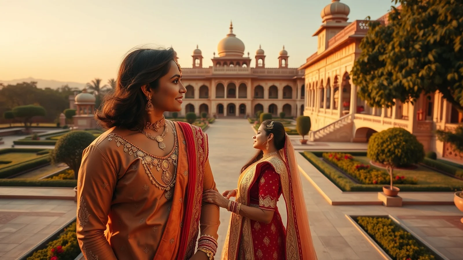 Cinematic Indian pre-wedding photoshoot scene at a scenic heritage palace with gardens in golden hour light