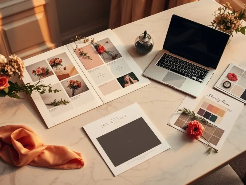 Luxury wedding planning desk with a mood board, fabric swatches and floral samples at golden hour