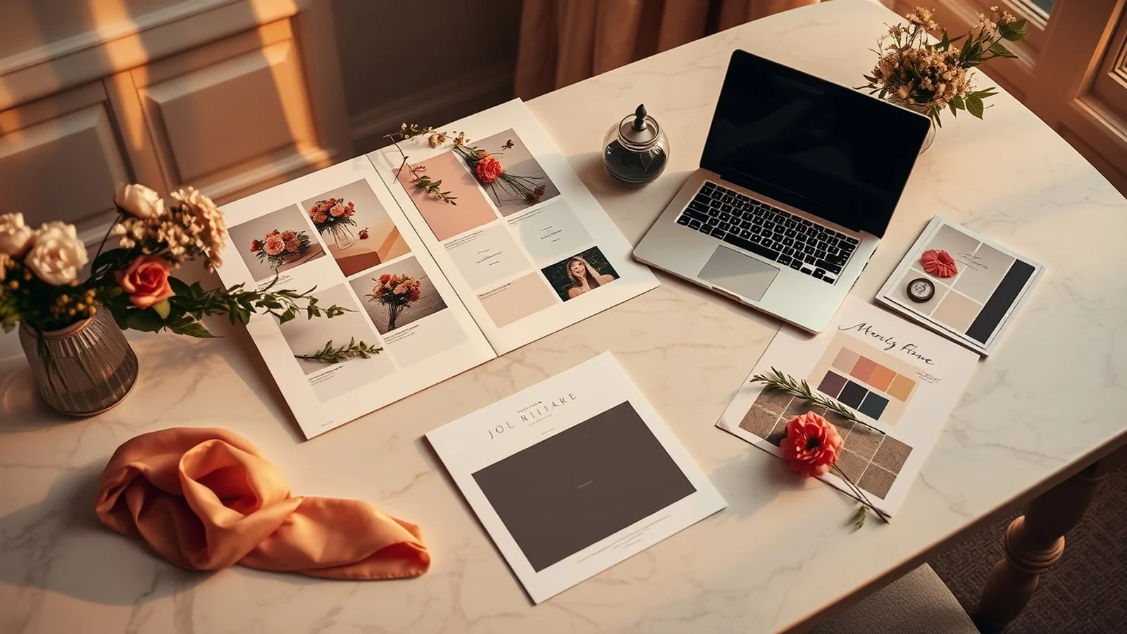 Luxury wedding planning desk with a mood board, fabric swatches and floral samples at golden hour