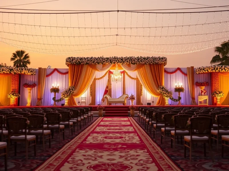 A grand Indian wedding stage at a modern Raipur banquet lawn at golden hour