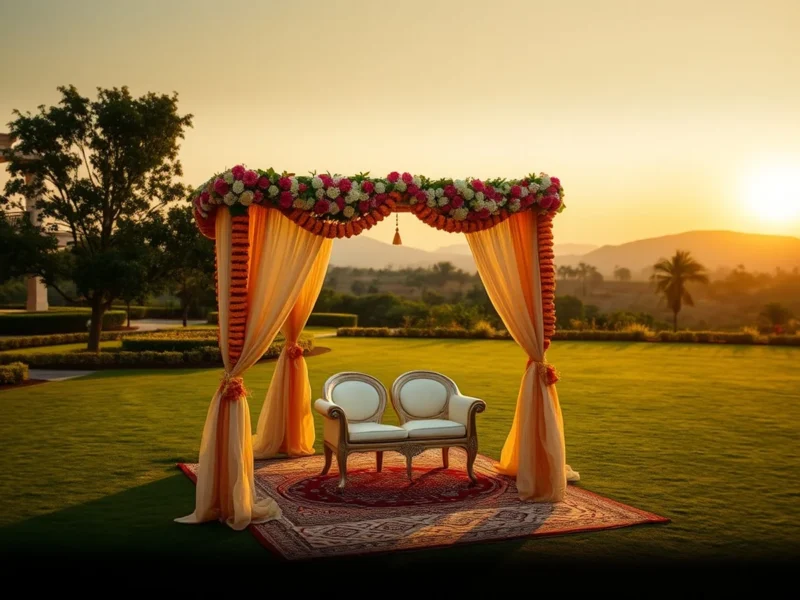 An elegant wedding mandap on an upscale Ranchi hotel lawn with plateau hills at golden hour