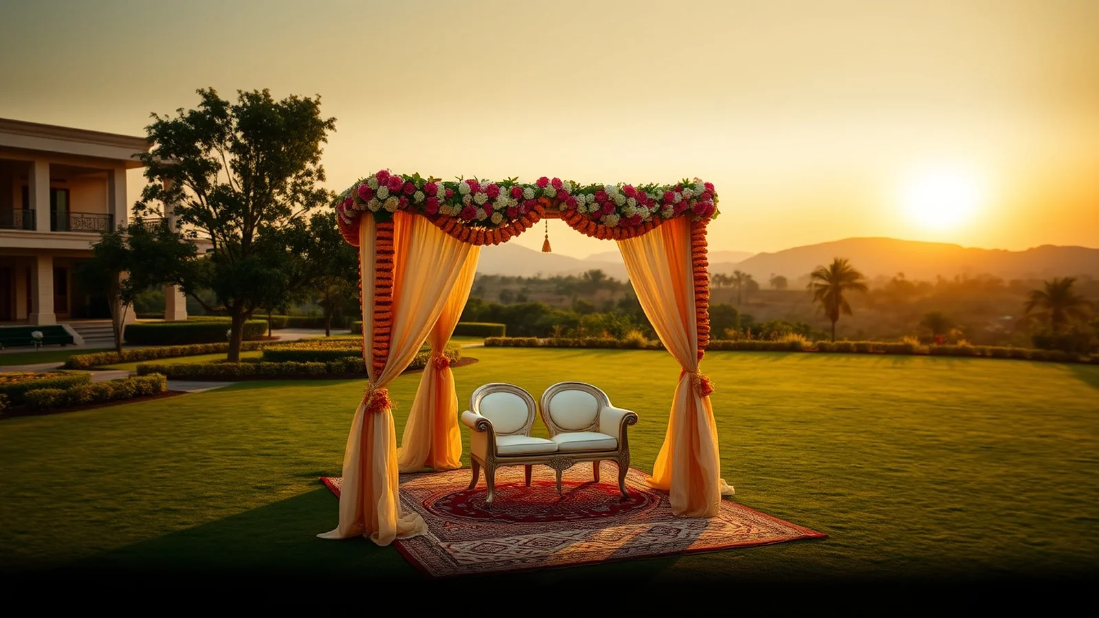 An elegant wedding mandap on an upscale Ranchi hotel lawn with plateau hills at golden hour