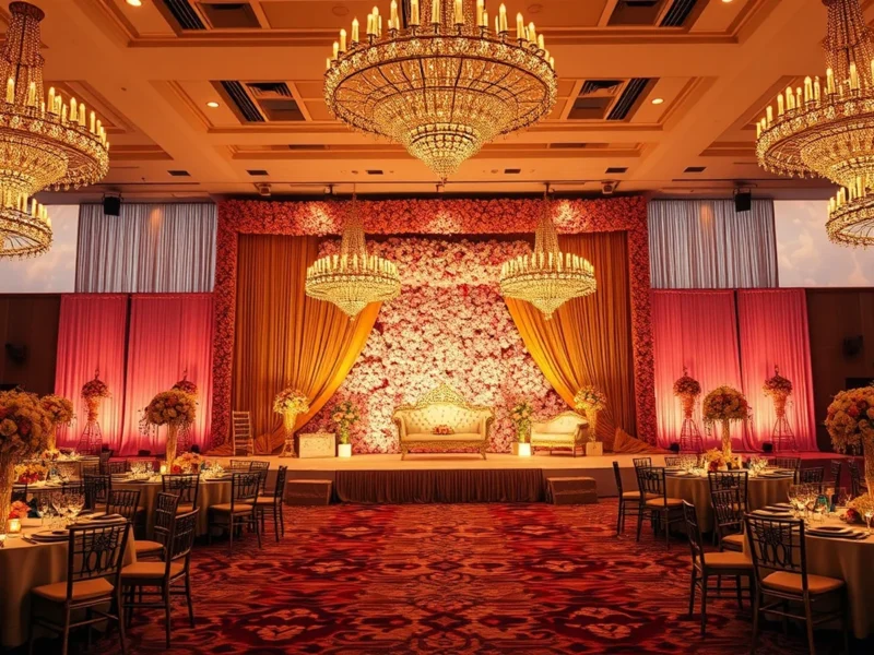 Luxurious Indian wedding reception at dusk with a blush and gold floral stage backdrop and glowing chandeliers