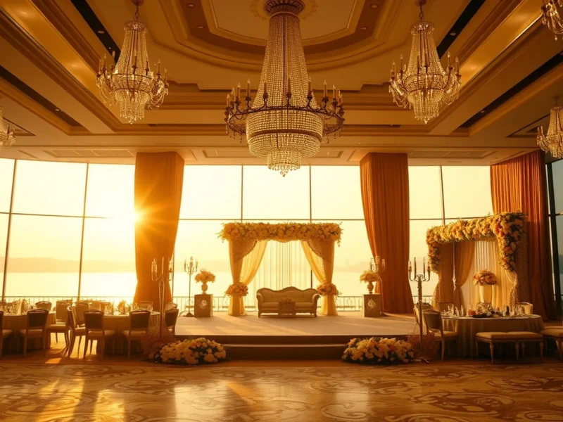 Grand pillarless ballroom wedding reception at Renaissance Mumbai Powai lakeside at golden hour