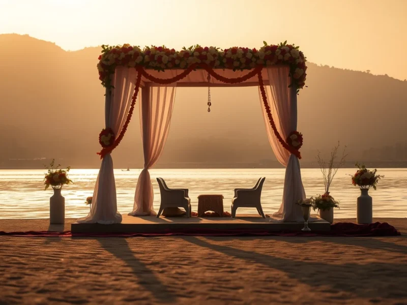 An intimate riverside wedding mandap on the Ganga near Rishikesh at golden hour