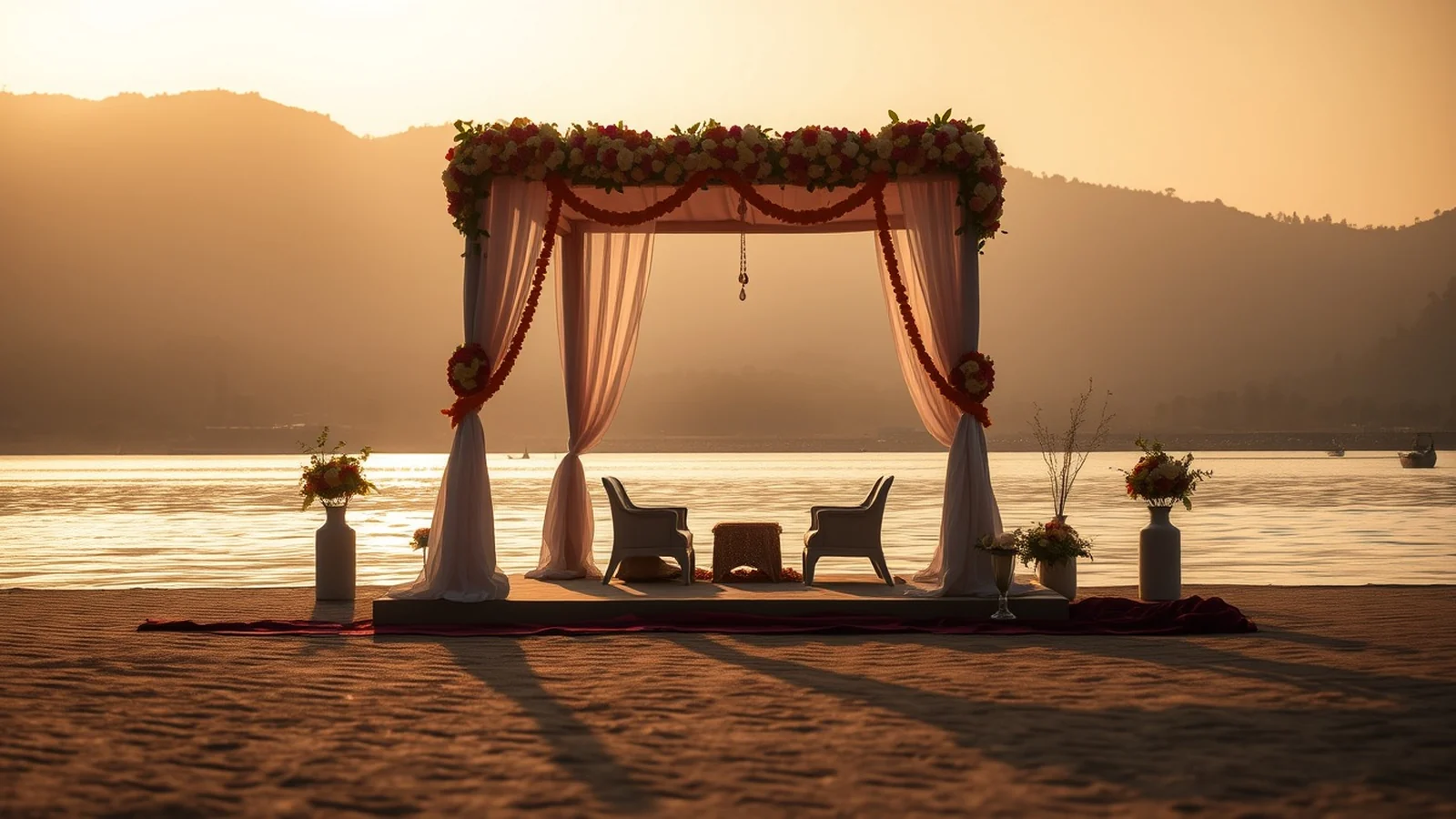An intimate riverside wedding mandap on the Ganga near Rishikesh at golden hour