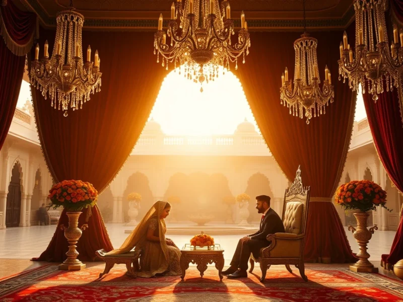 Regal royal Indian palace wedding with maroon and gold drapes, crystal chandeliers and throne-style seating