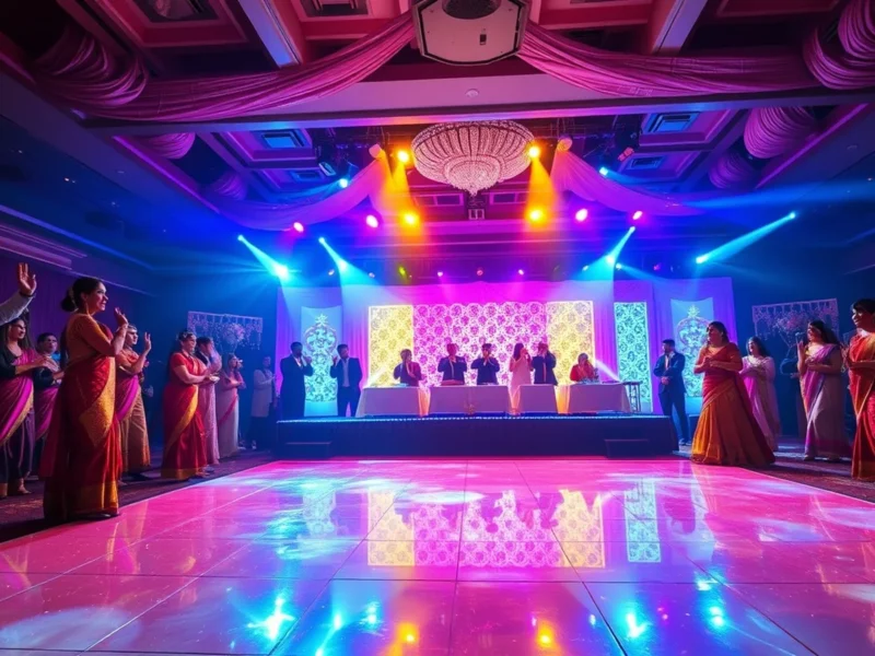 A glamorous Indian sangeet night with a decorated stage, dance floor and colourful moving stage lights