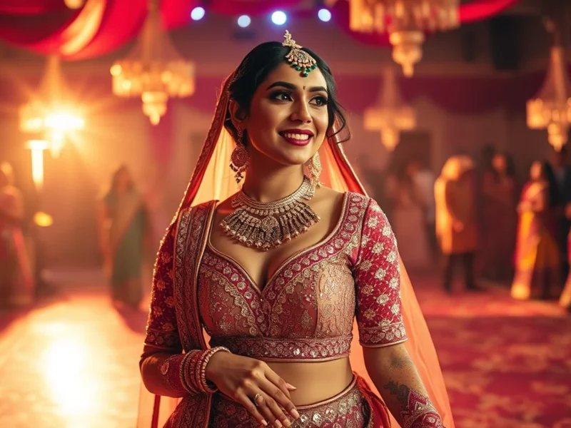 Glamorous Indian bride in a shimmering sequin lehenga on a sangeet dance floor with dramatic evening lighting