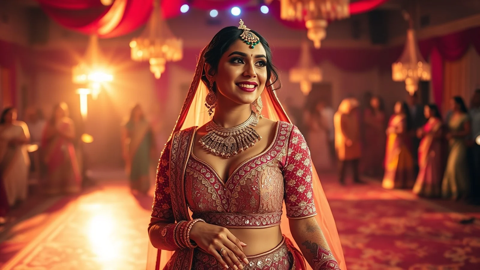 Glamorous Indian bride in a shimmering sequin lehenga on a sangeet dance floor with dramatic evening lighting