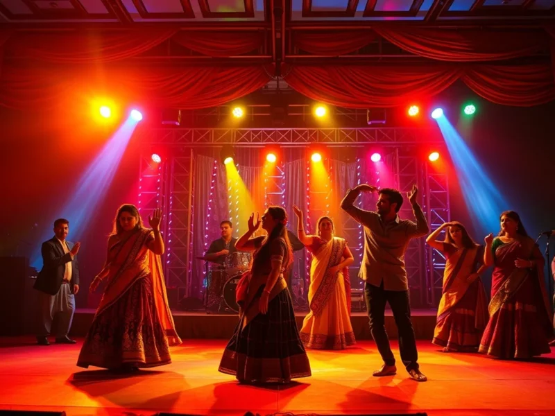 Lively Indian sangeet stage with family performing a choreographed dance under vibrant colourful lighting