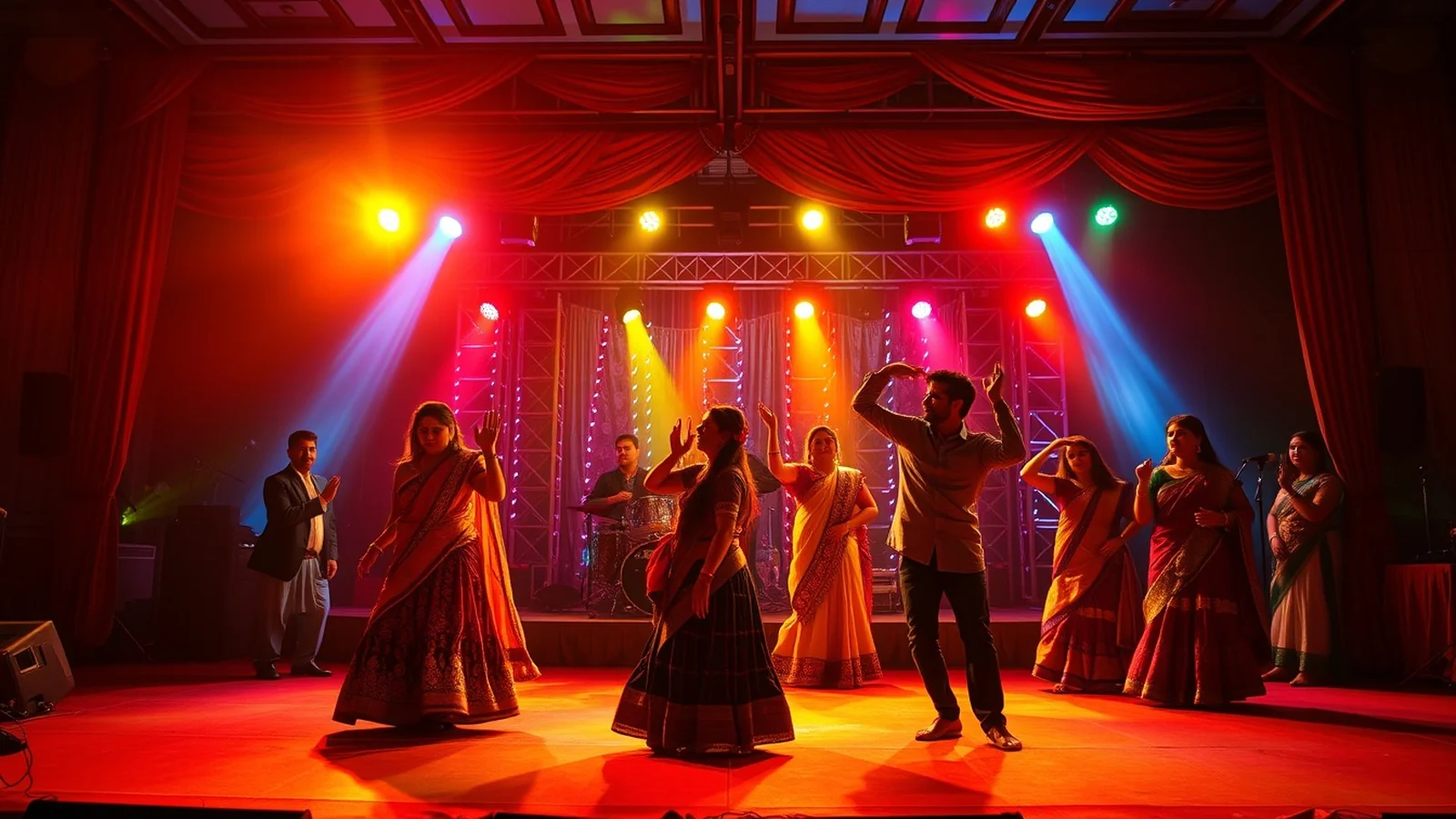 Lively Indian sangeet stage with family performing a choreographed dance under vibrant colourful lighting