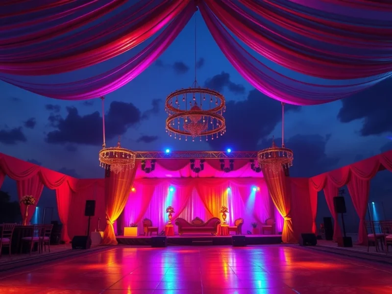 Glamorous Indian sangeet night stage with vibrant lighting and festive decor at dusk
