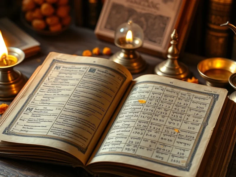 A traditional Indian panchang almanac open beside brass astrological instruments and a lamp