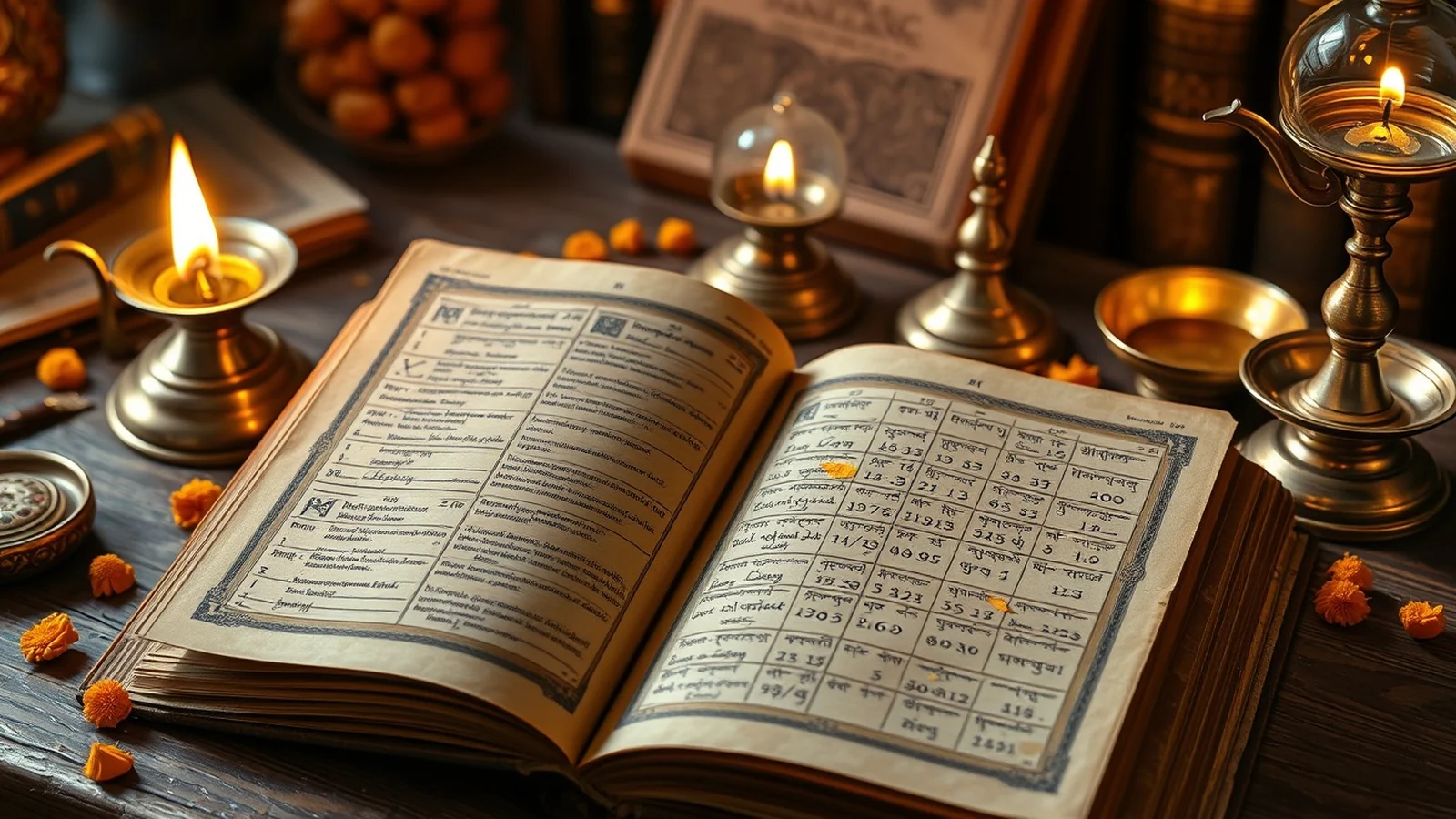 A traditional Indian panchang almanac open beside brass astrological instruments and a lamp