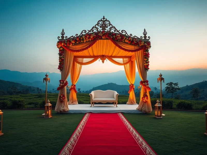 An elegant tea-estate resort wedding mandap near Siliguri with Himalayan foothills at golden hour