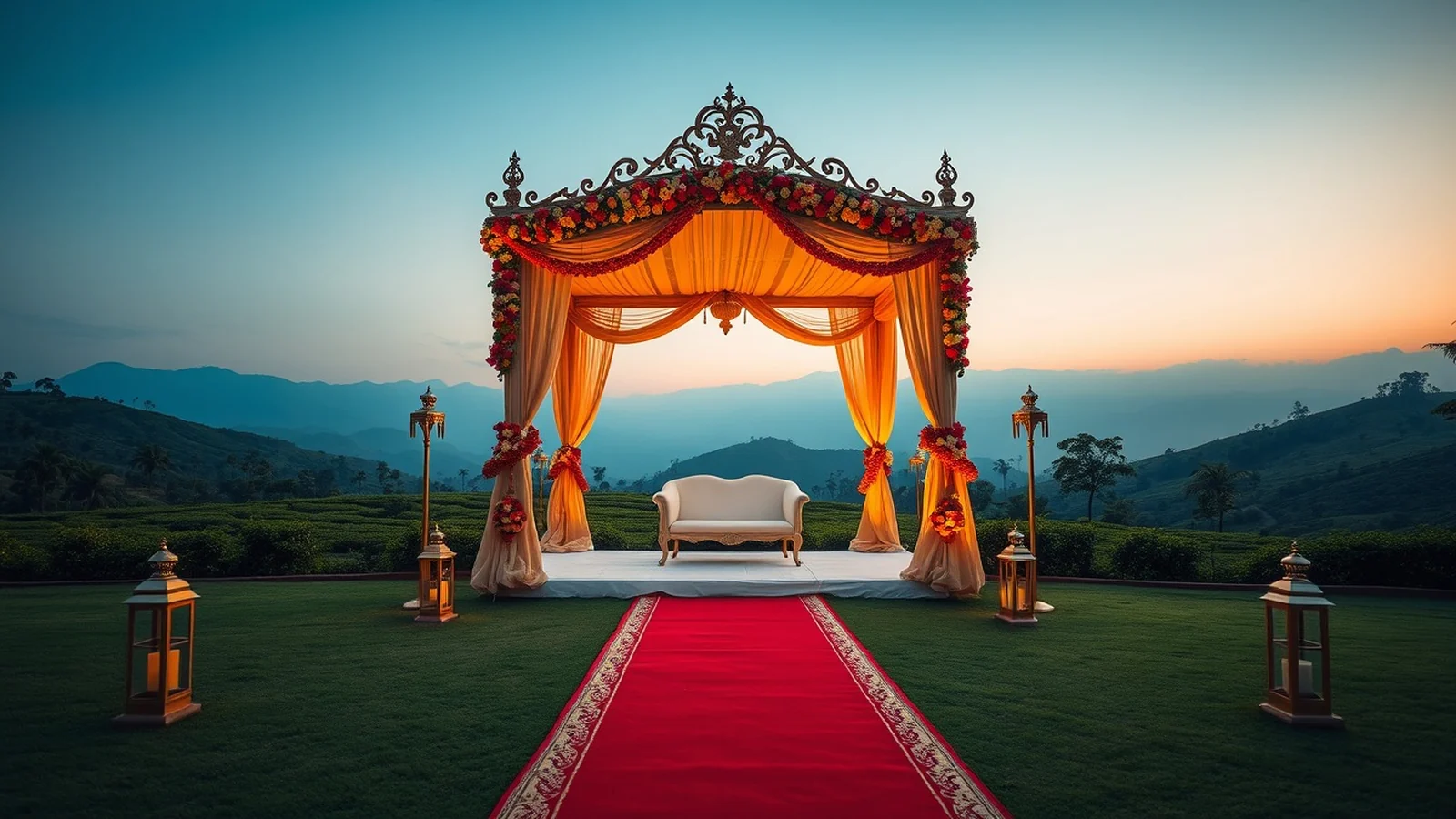An elegant tea-estate resort wedding mandap near Siliguri with Himalayan foothills at golden hour
