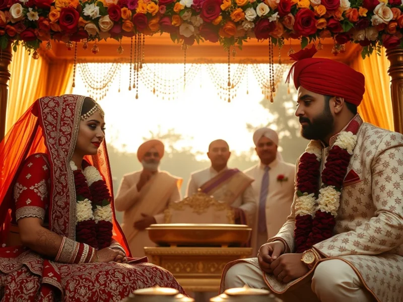 A Sindhi Hindu wedding ceremony with the bride and groom under a floral mandap during the pallo ritual