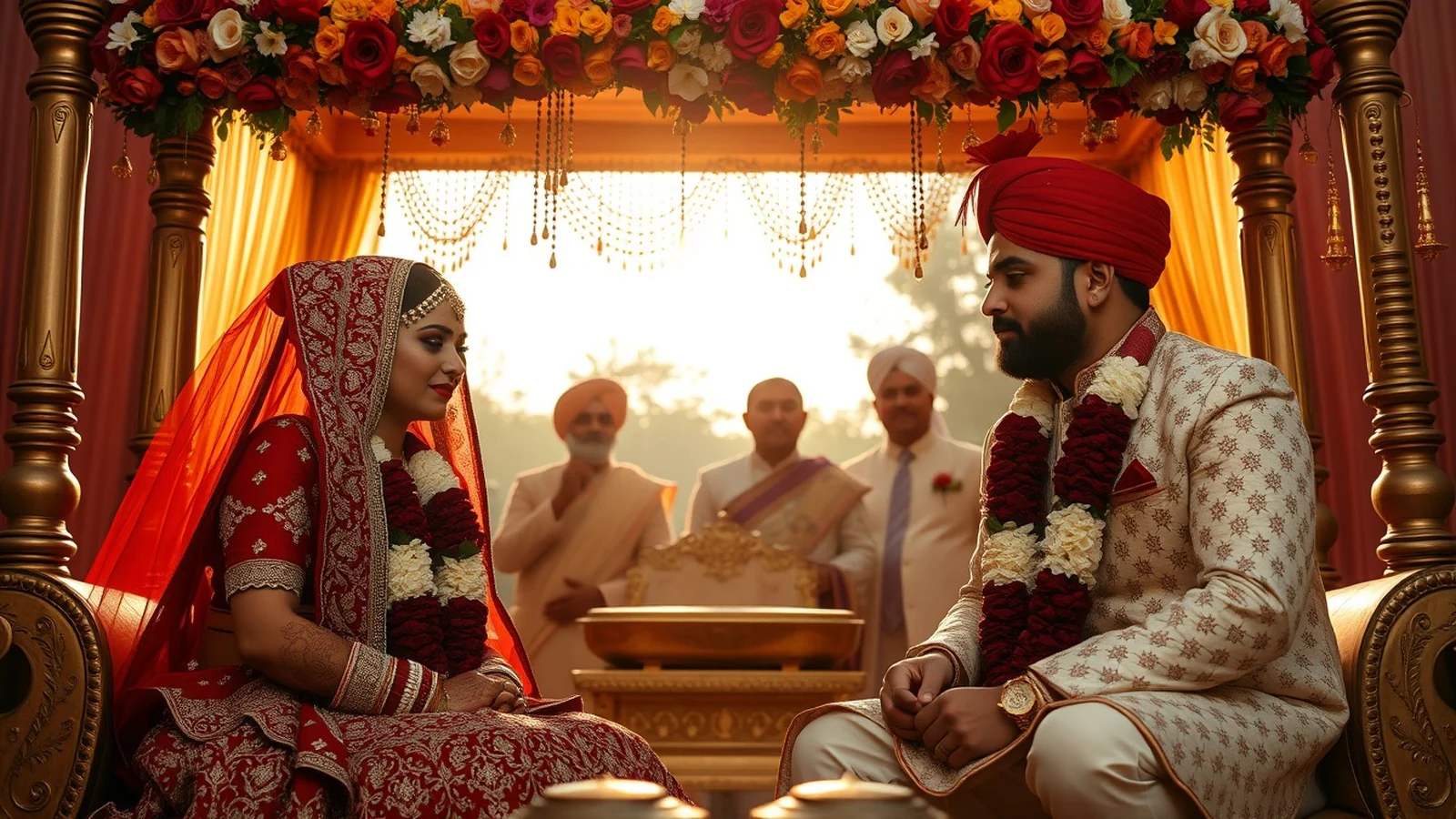 A Sindhi Hindu wedding ceremony with the bride and groom under a floral mandap during the pallo ritual
