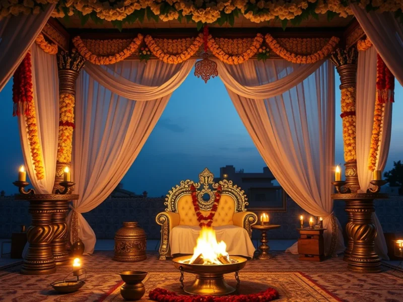 A traditional South Indian wedding mandap at dawn with brass lamps and jasmine garlands