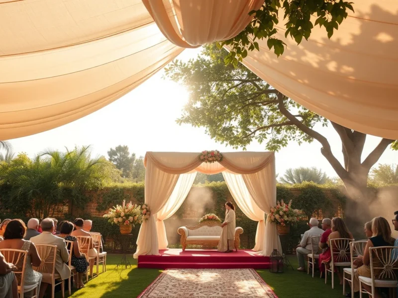 An Indian wedding mandap shaded under canopies in a garden on a bright summer afternoon