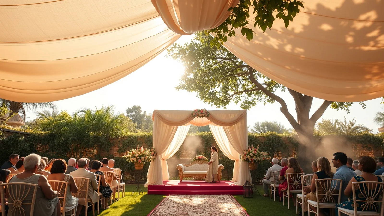 An Indian wedding mandap shaded under canopies in a garden on a bright summer afternoon