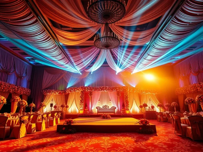 Lavish grand Gujarati wedding reception stage in Surat with opulent jewel-tone floral decor