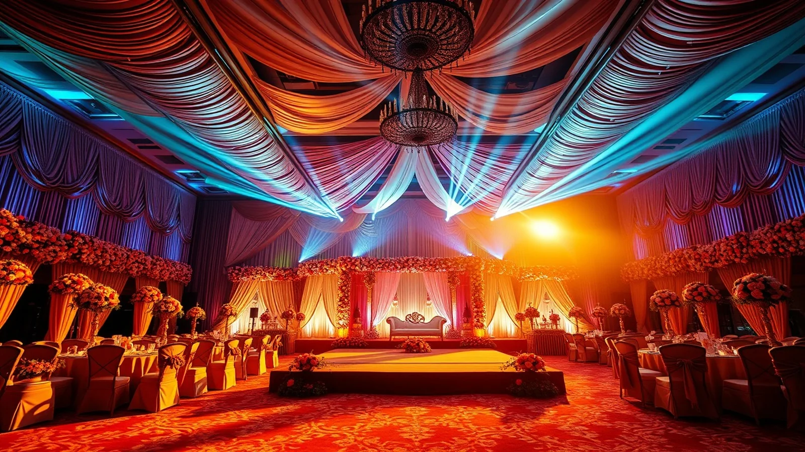 Lavish grand Gujarati wedding reception stage in Surat with opulent jewel-tone floral decor