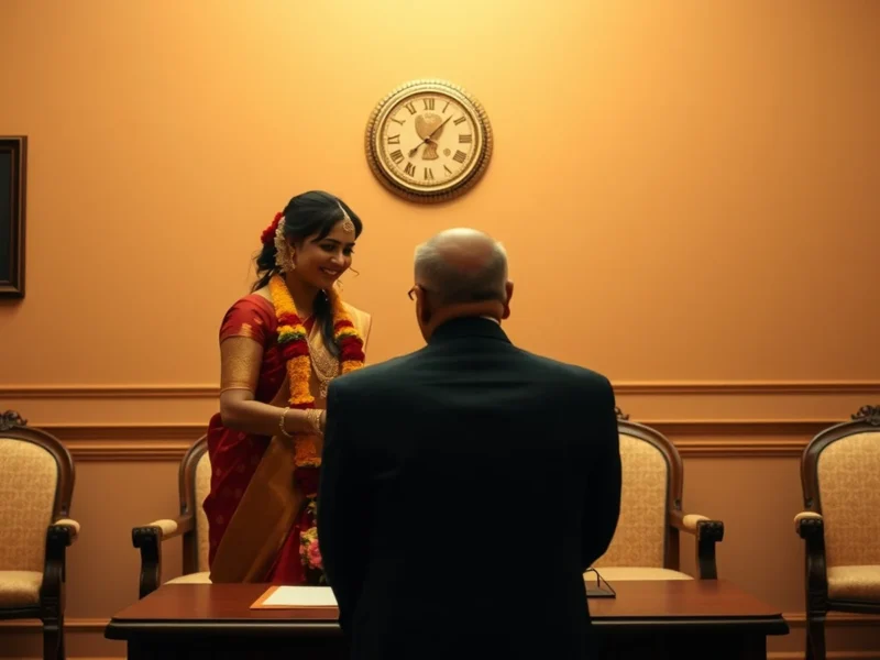 Intimate Indian court-style marriage registration moment in Delhi with a registrar's table and garlands