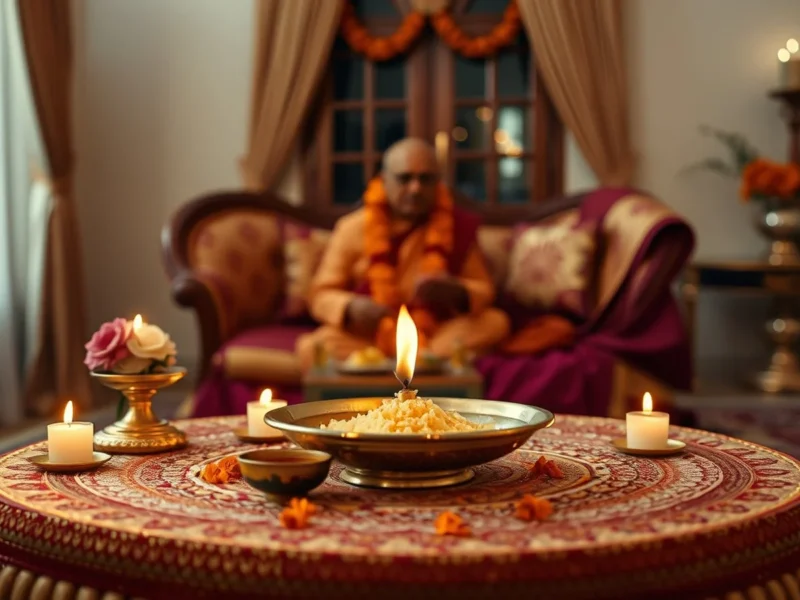 An intimate Indian tilak and roka ceremony arrangement with a brass thali and garlands