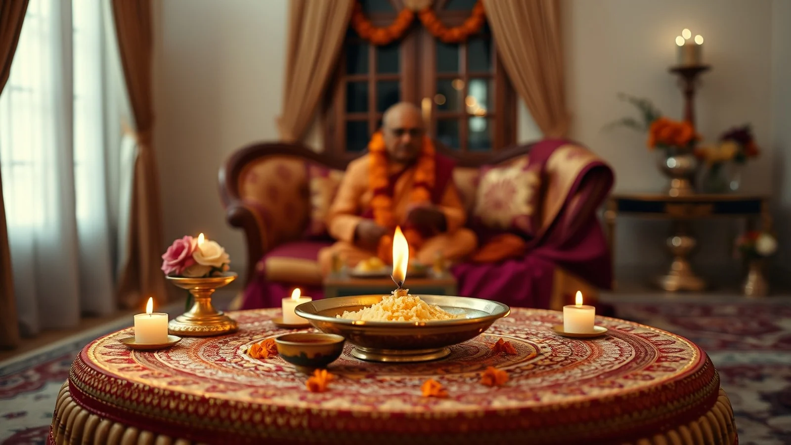 An intimate Indian tilak and roka ceremony arrangement with a brass thali and garlands