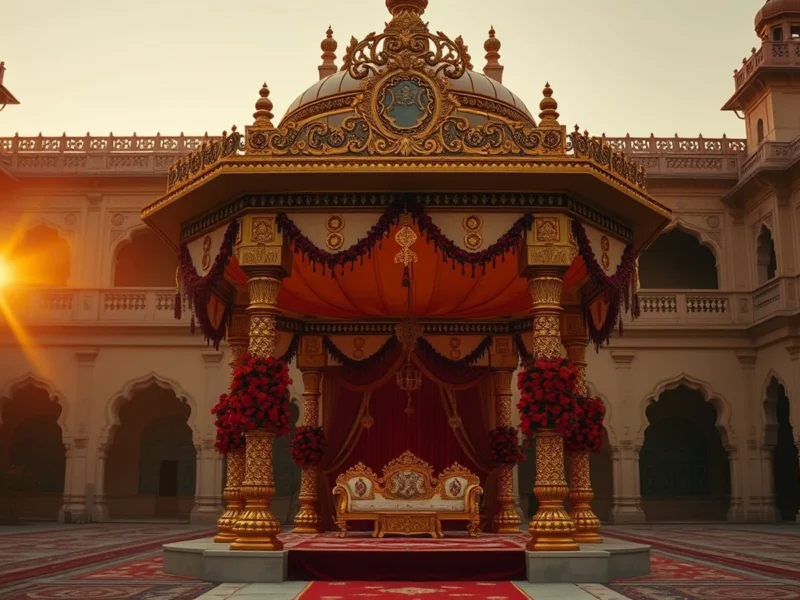 Grand royal Gujarati wedding mandap in a Vadodara heritage palace courtyard at golden hour
